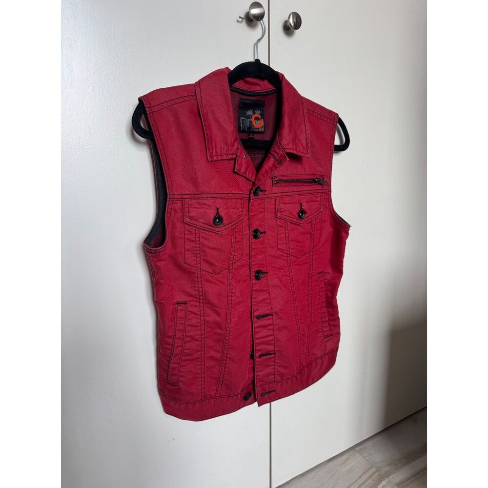 RARE Vintage 80's Guess Button Up Red Punk Sleeveless Vest Sz XS Pocket Details